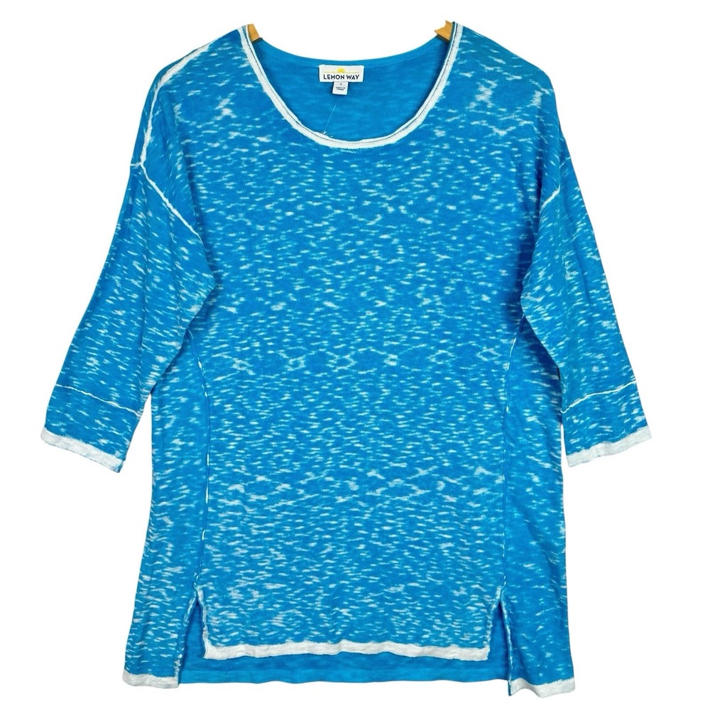 Lemon Way Sweater Women's S Blue Cotton Linen Tunic Top 3/4 Sleeve Pullover NWT